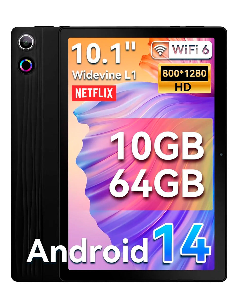 Tablet A10WH con Pantalla de 10.1' 10 gb+64 gb con Android 14 Negro