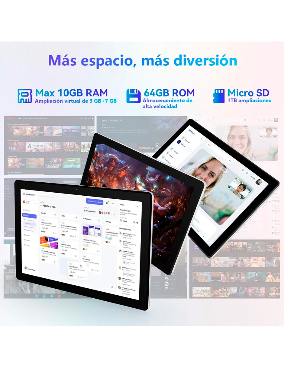 Tablet A10WH con Pantalla de 10.1' 10 gb+64 gb con Android 14 Negro