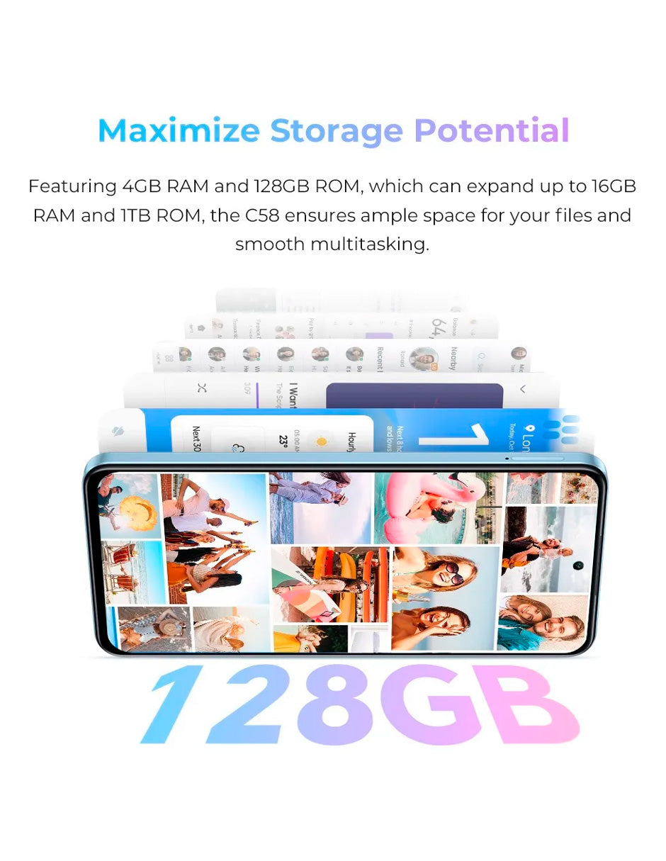 SmartPhone C58 Dual Sim con 16(4+12)+128 Gb Expansión 1tb (con MicroSD) NEGRO
