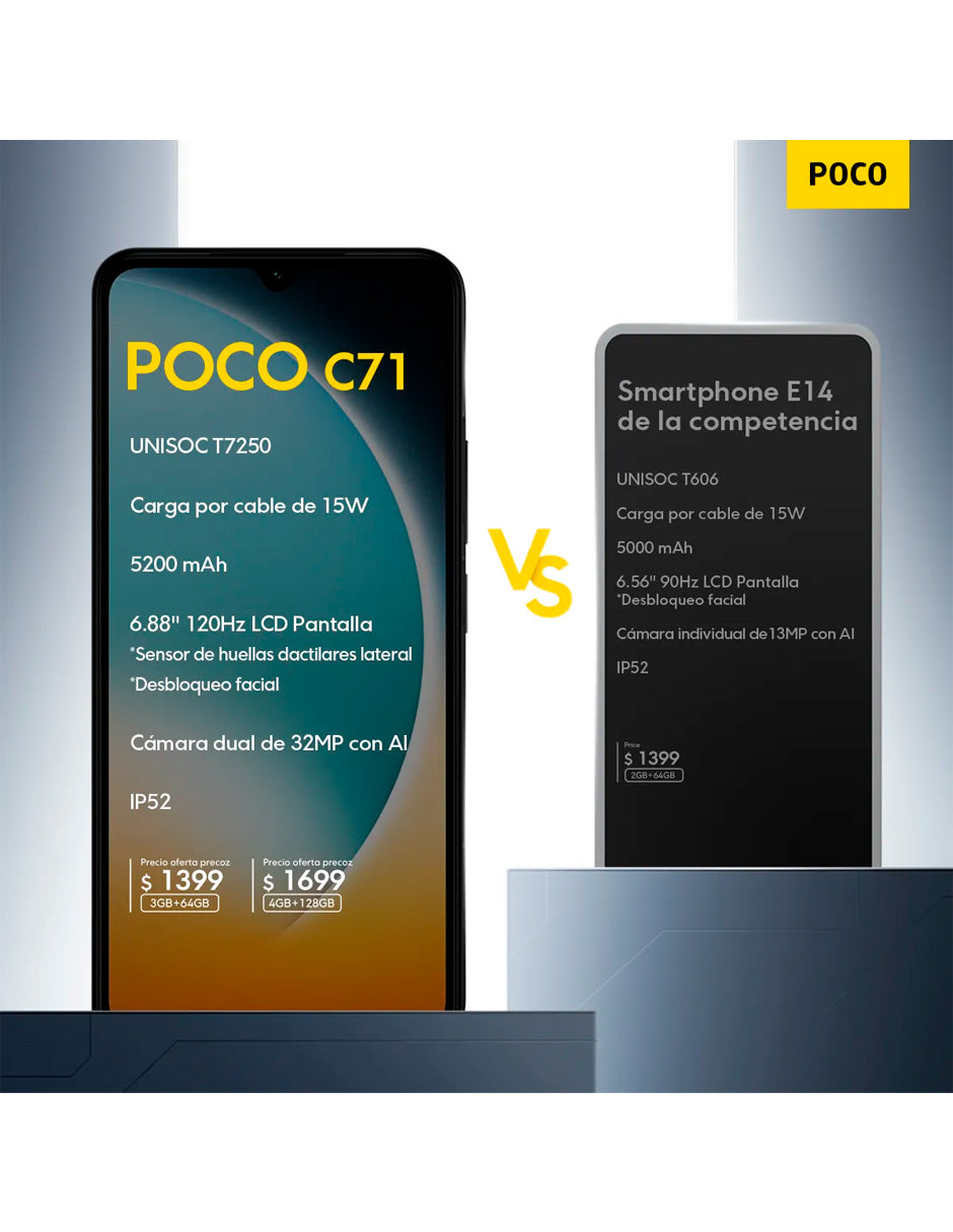 SmartPhone Poco C71 con 3GB RAM/64GB ROM con Dual SIM Desbloqueado Negro