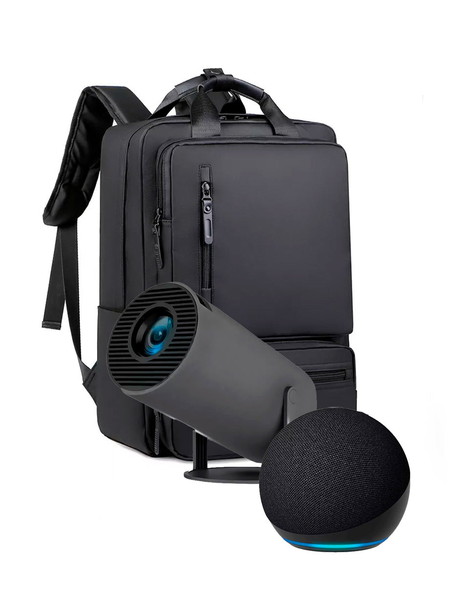 Combo Proyector Petukita Box HY300 Gris + mochila de viaje + Echo Dot Asistente Virtual