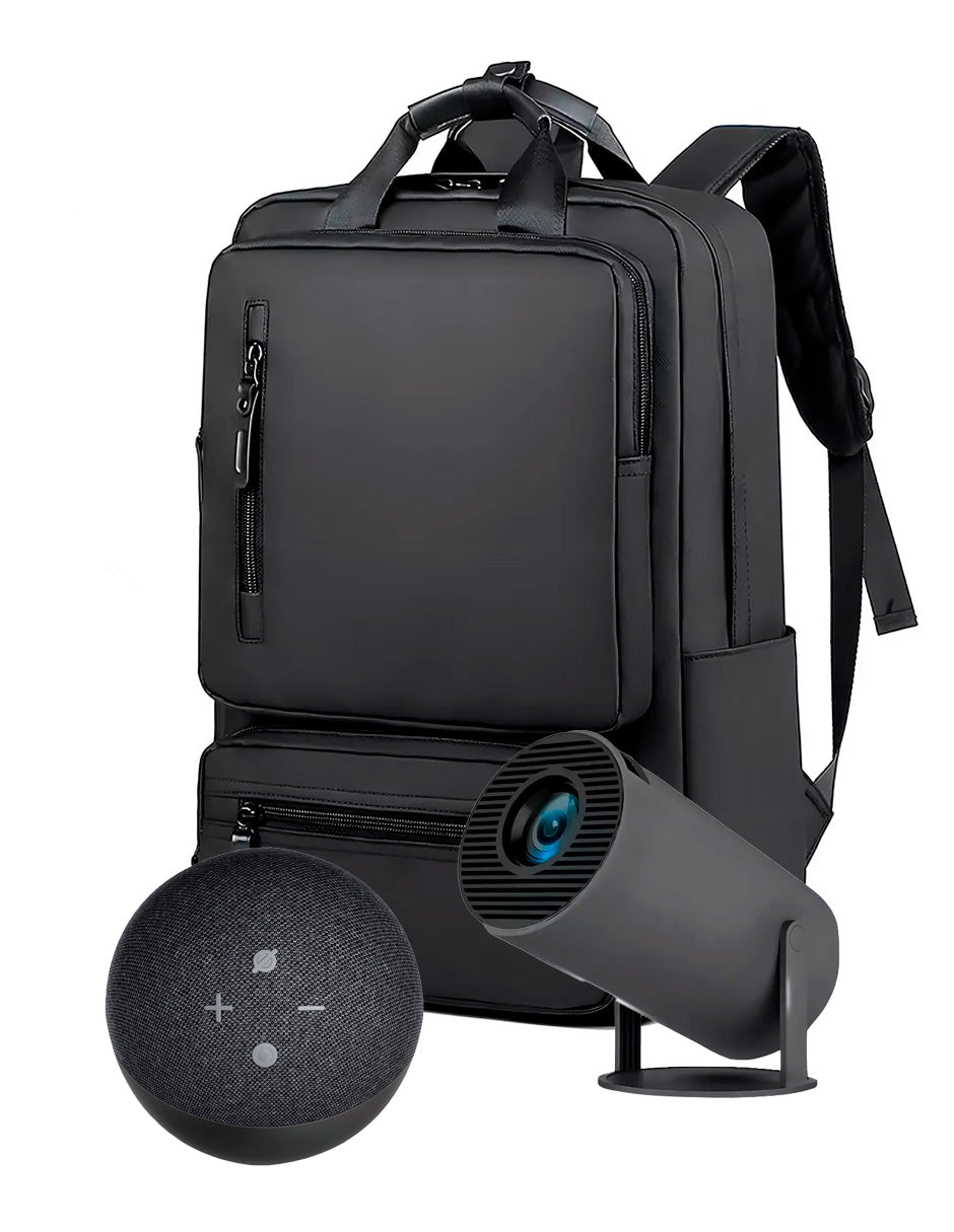 Combo Proyector Petukita Box HY300 Gris + mochila de viaje + Echo Dot Asistente Virtual