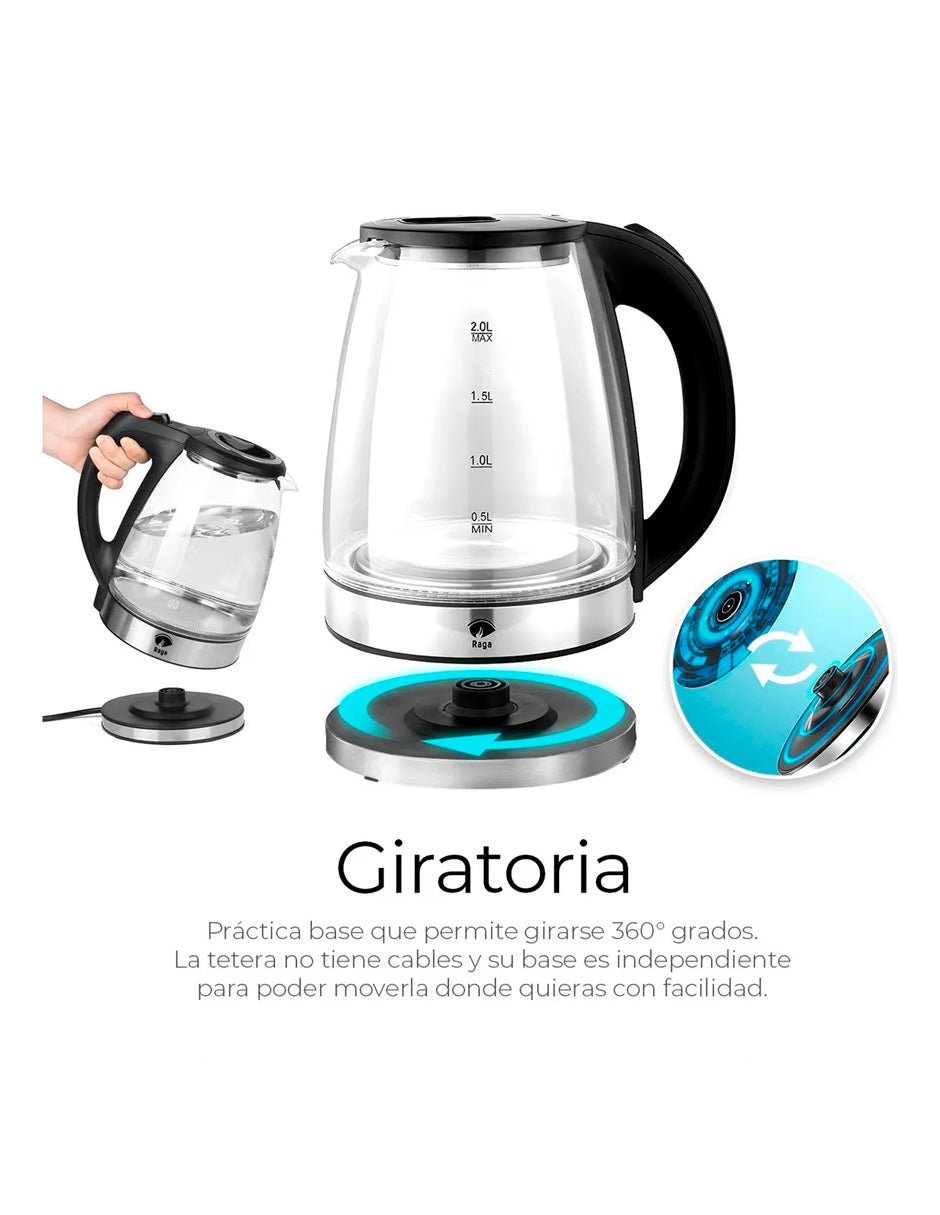 Tetera Eléctrica tipo Jarra De Vidrio Hervidor 2 Lt Acero Inoxidable