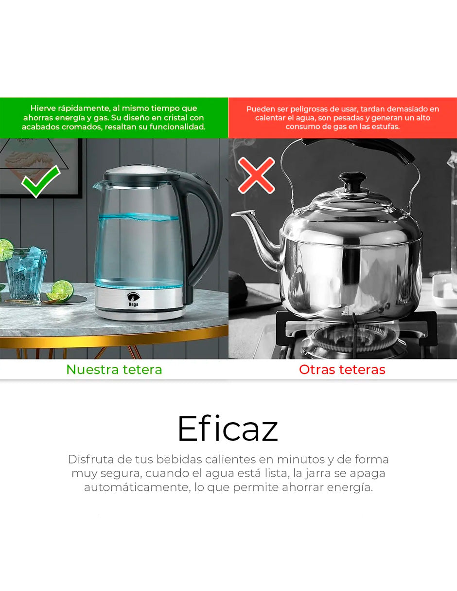 Tetera Eléctrica tipo Jarra De Vidrio Hervidor 2 Lt Acero Inoxidable