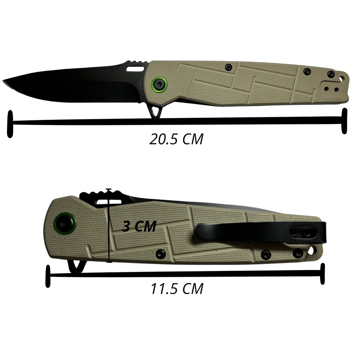 Navaja táctica plegable con clip, hoja negra y mango khaki texturizado - foto 2