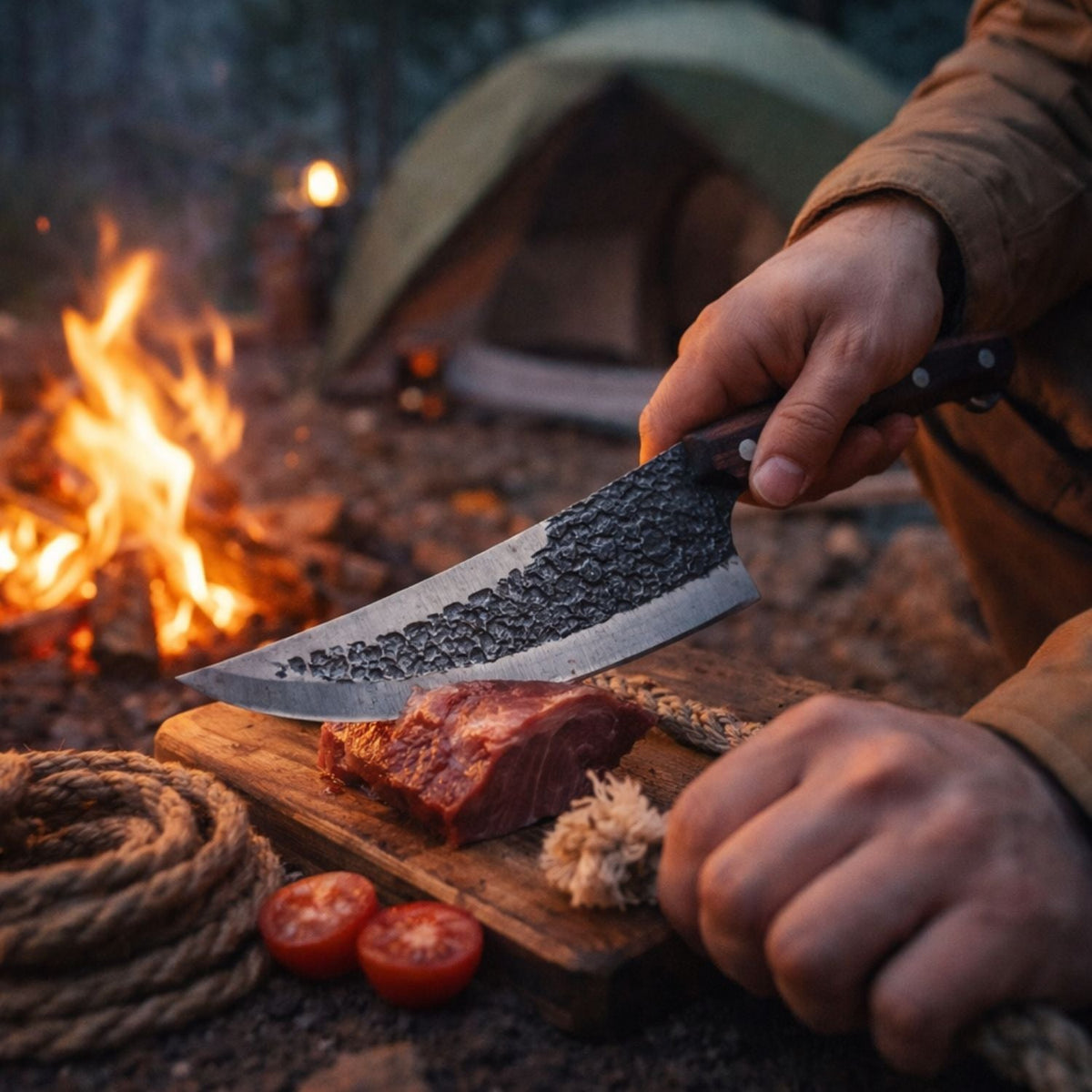Cuchillo de campamento Black Forge con hoja curva y funda de cuero - foto 4
