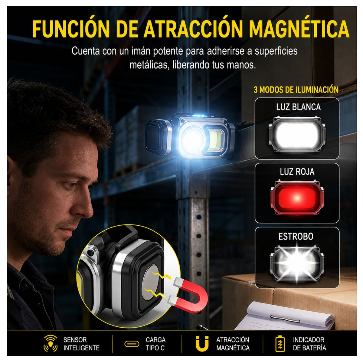 Lámpara frontal LED doble luz con sensor de movimiento, imán y giro de 180° - foto 5