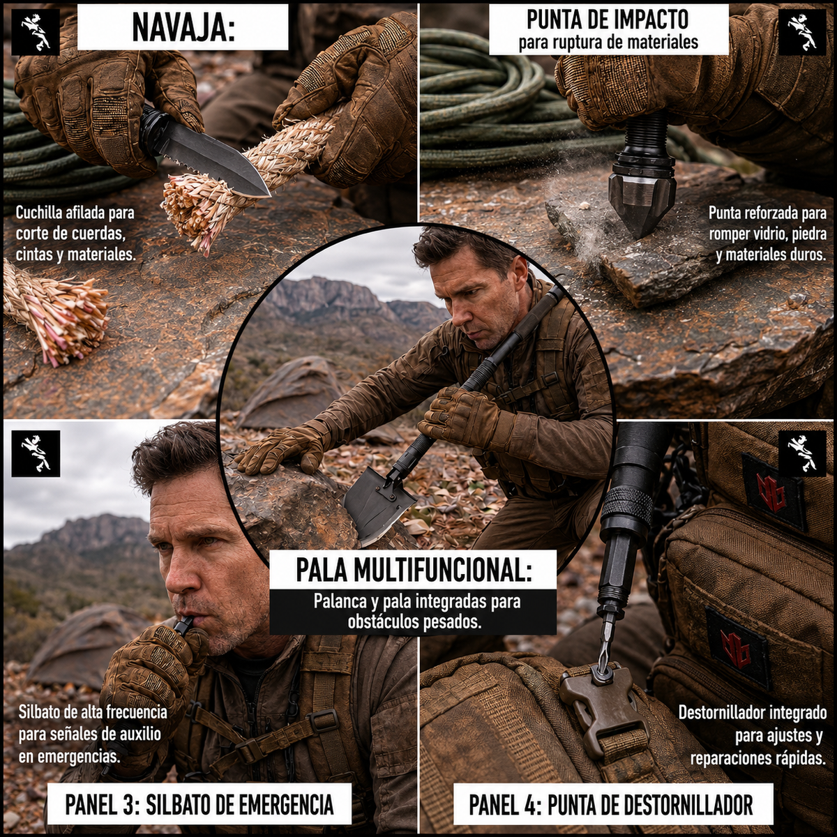 Pala plegable multifuncional con cuchillo, silbato, desarmador y extensiones - foto 4