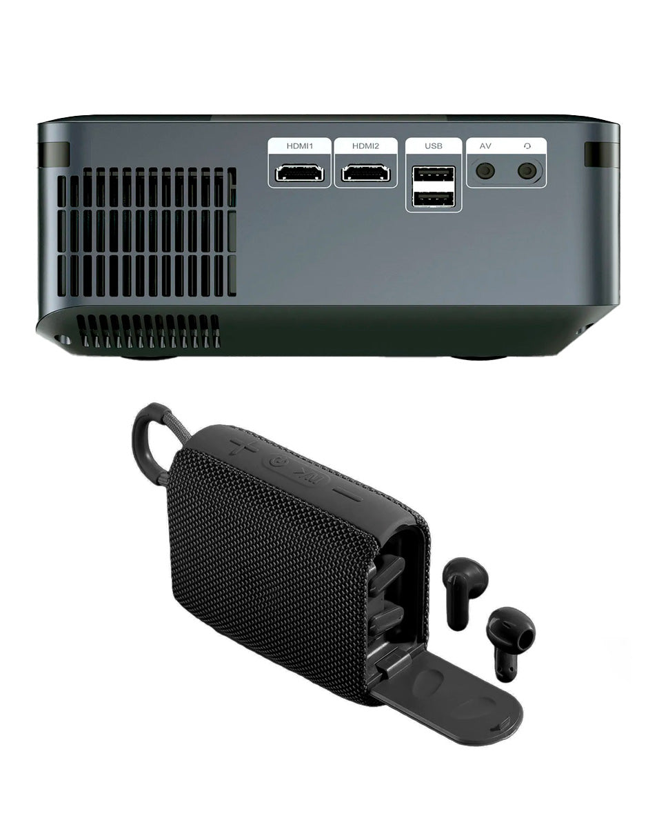 Combo Proyector 8000 Petukita Box Con Android/Wifi Full Hd 1080p Gris + Bocina con Auriculares