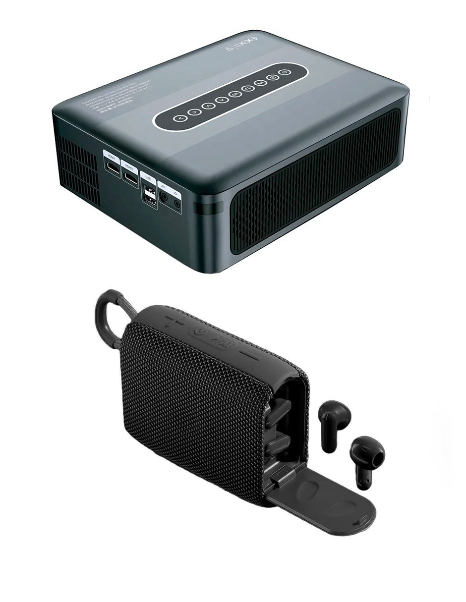 Combo Proyector 8000 Petukita Box Con Android/Wifi Full Hd 1080p Gris + Bocina con Auriculares