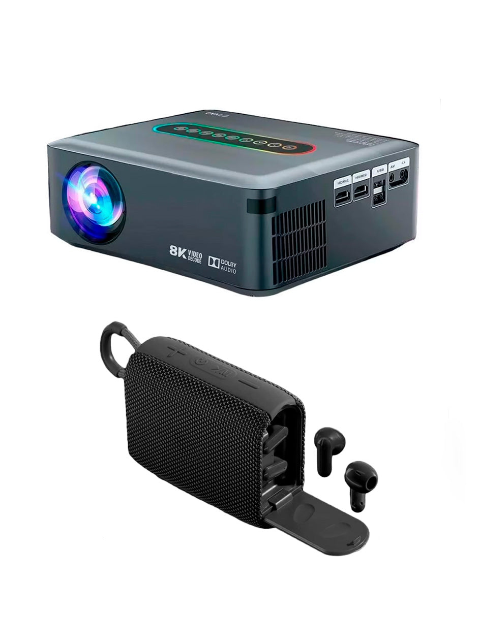 Combo Proyector 8000 Petukita Box Con Android/Wifi Full Hd 1080p Gris + Bocina con Auriculares