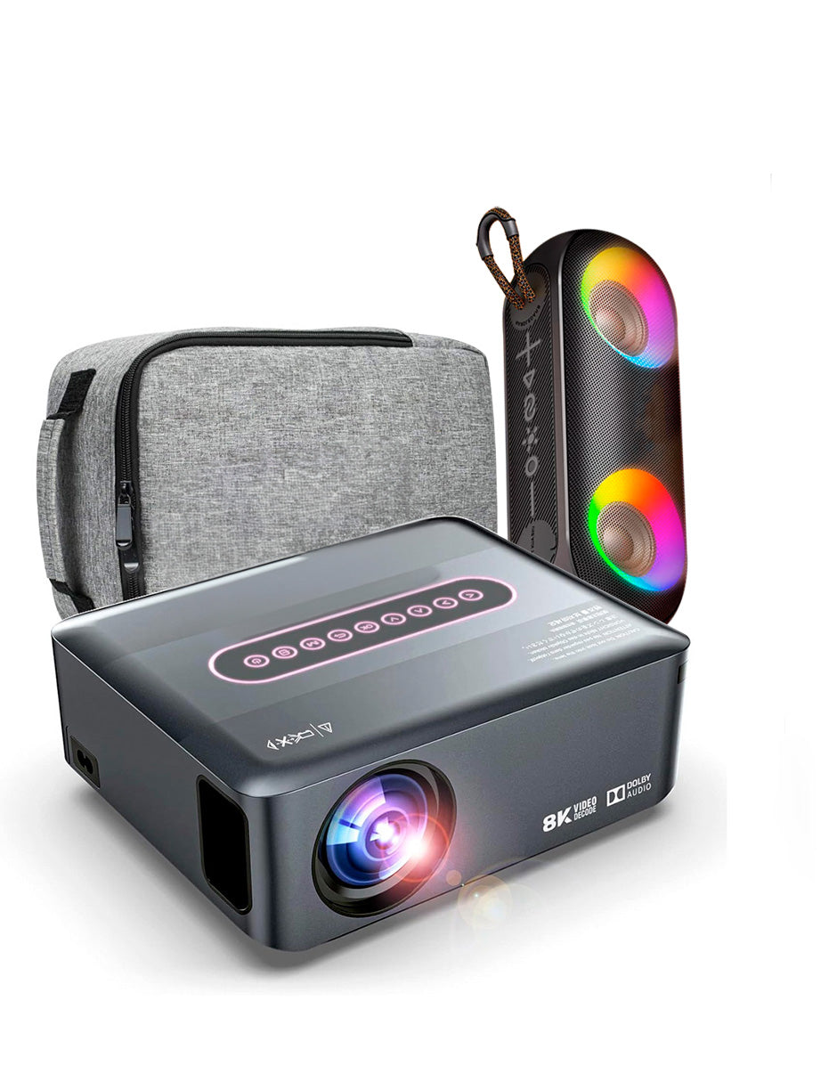 Combo Proyector 8000 Petukita Box Con Android/Wifi Full Hd 1080p Gris + Bocina con Luz Led