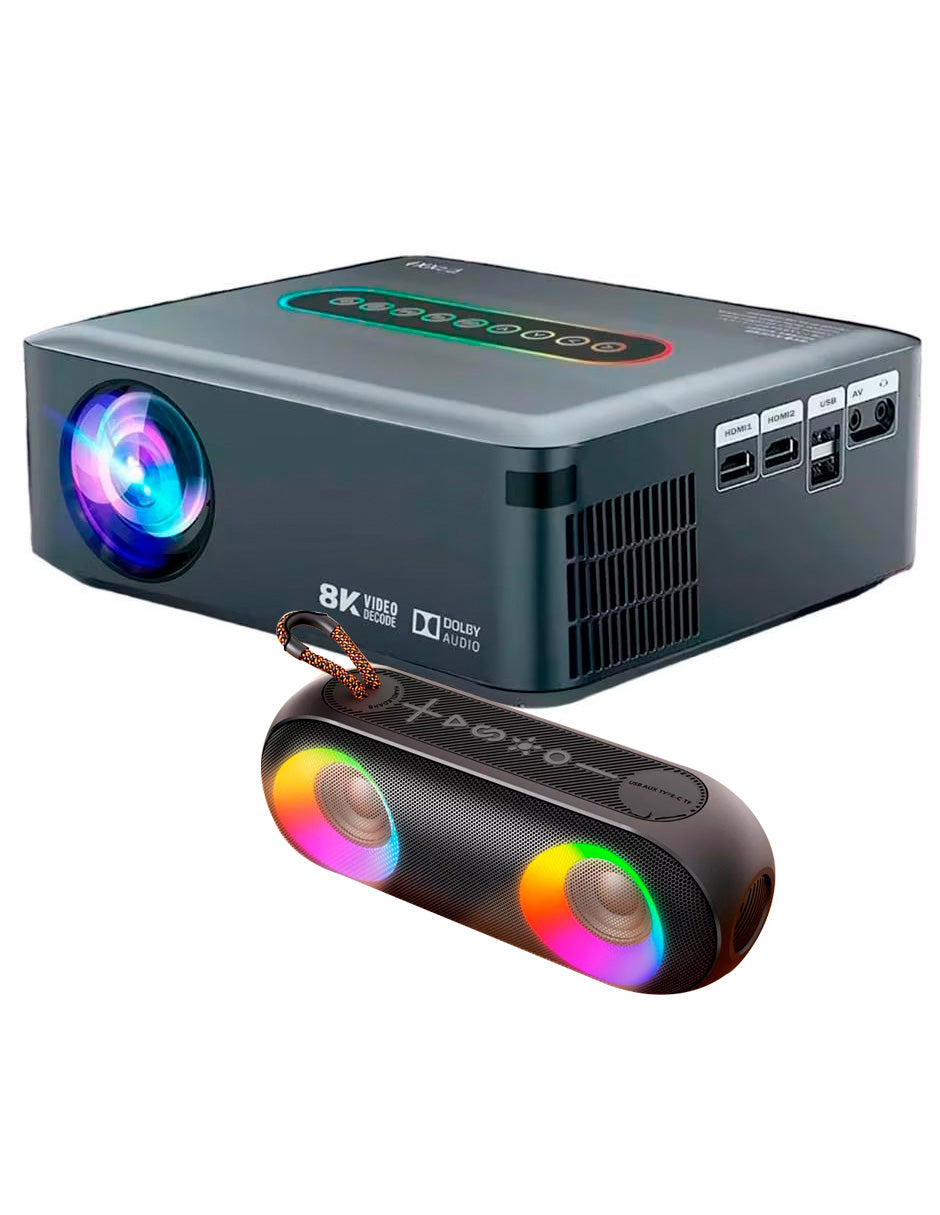 Combo Proyector 8000 Petukita Box Con Android/Wifi Full Hd 1080p Gris + Bocina con Luz Led