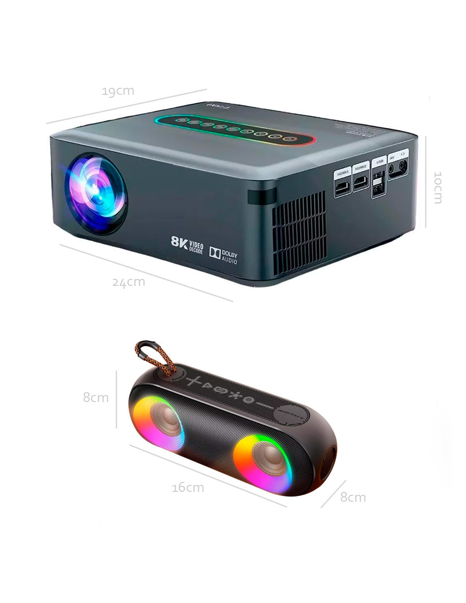 Combo Proyector 8000 Petukita Box Con Android/Wifi Full Hd 1080p Gris + Bocina con Luz Led