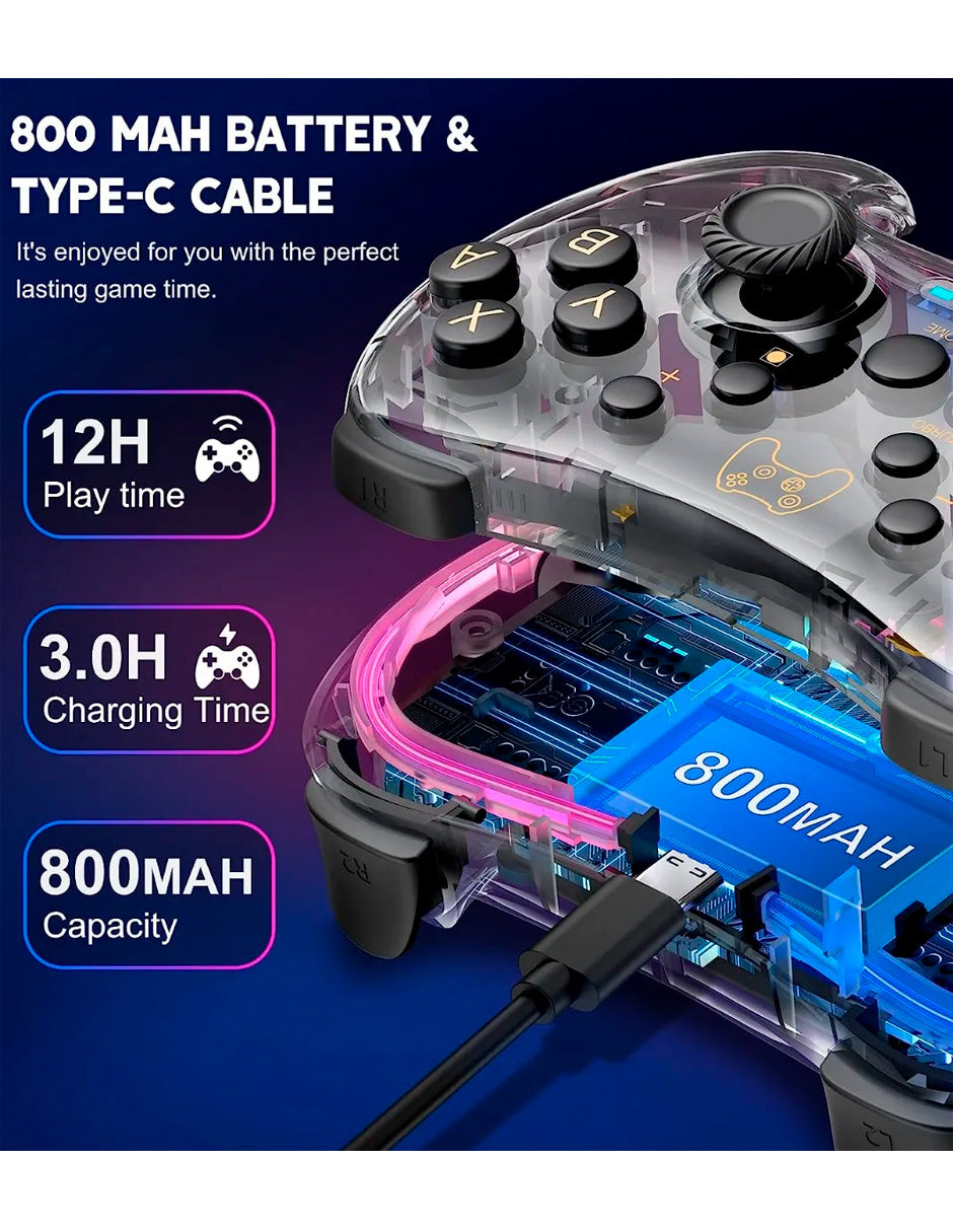 Control Inalámbrico Pro Transparente para Nintendo Switch con Luz RGB Azul y Rojo