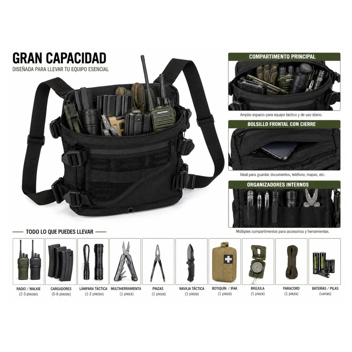 Pechera táctica tipo chest rig con sistema MOLLE y bolsillos (SN275) - foto 3