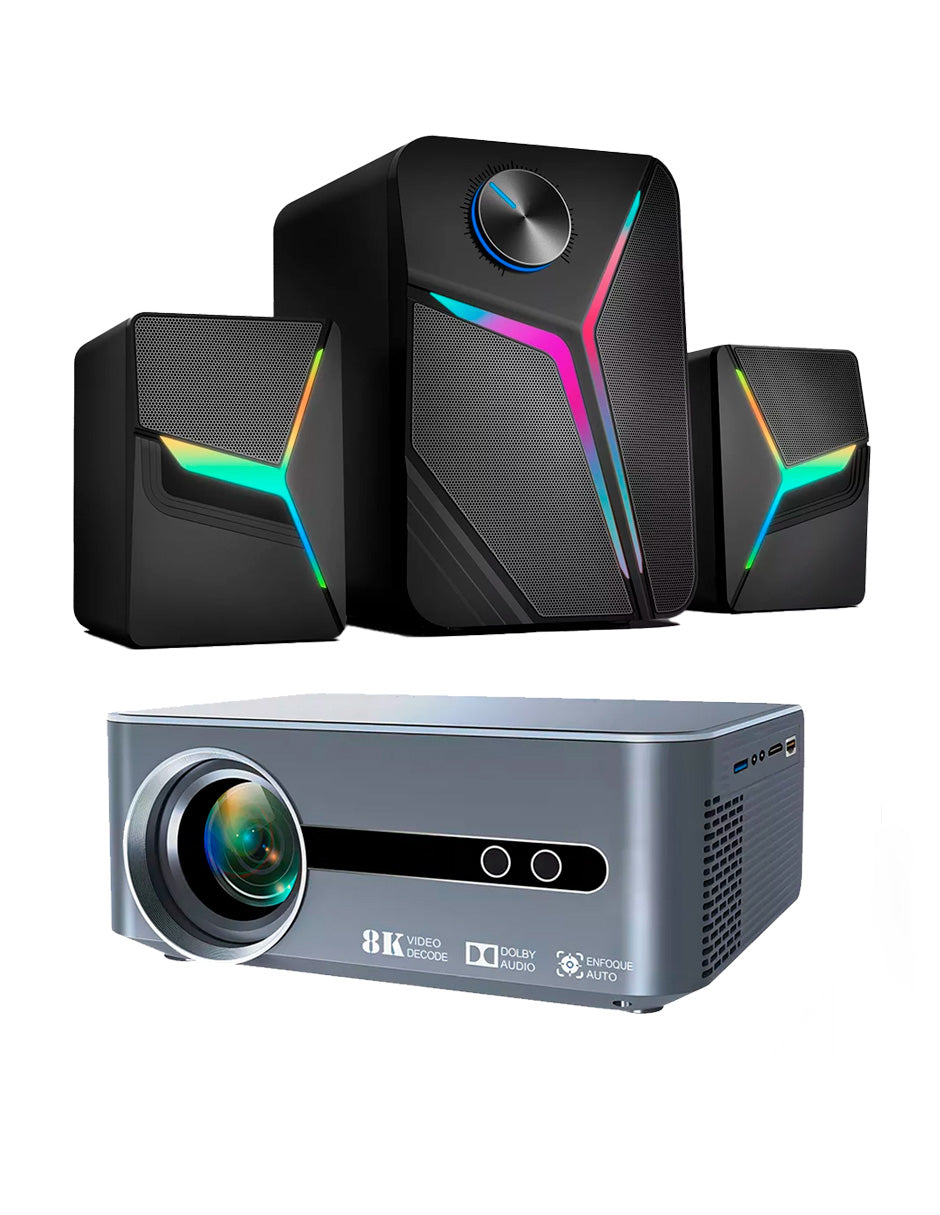 Combo Proyector Petukita Box T1 con Android 9.0 + Bocinas Con Luces Rgb Led