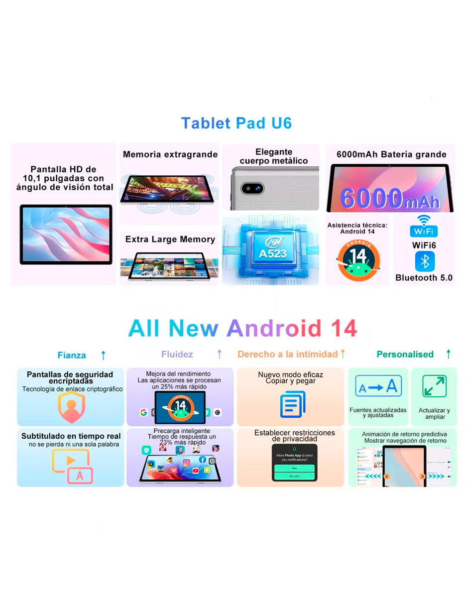 Tableta Q6 con Pantalla de 10.1" con Android 14 20 GB RAM 128 GB con Teclado y Mouse
