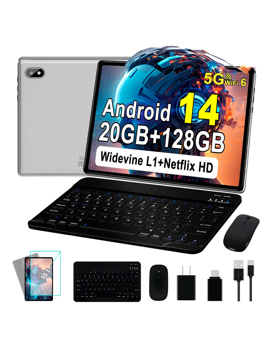 Tableta Q6 con Pantalla de 10.1" con Android 14 20 GB RAM 128 GB con Teclado y Mouse