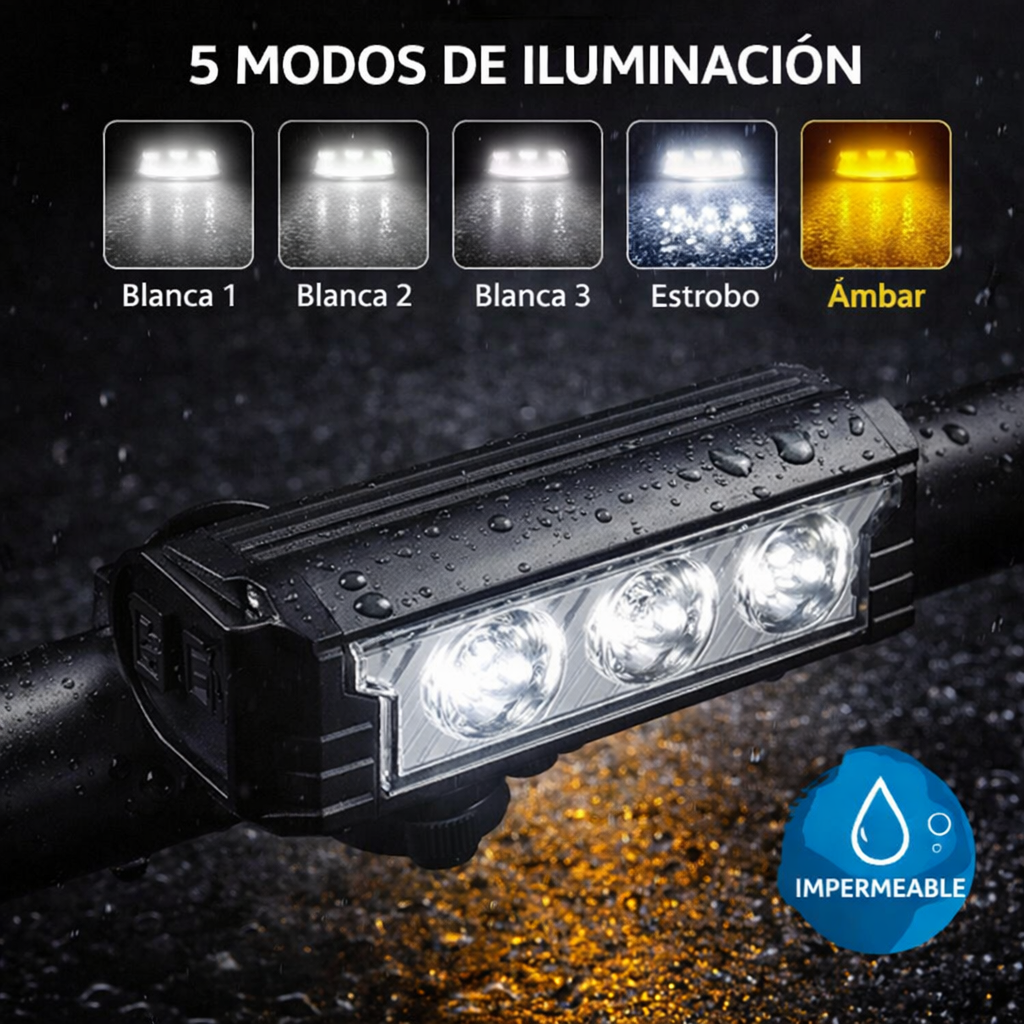 Lámpara frontal LED para bici de 1200 lm con luz ámbar y carga USB-C - foto 8