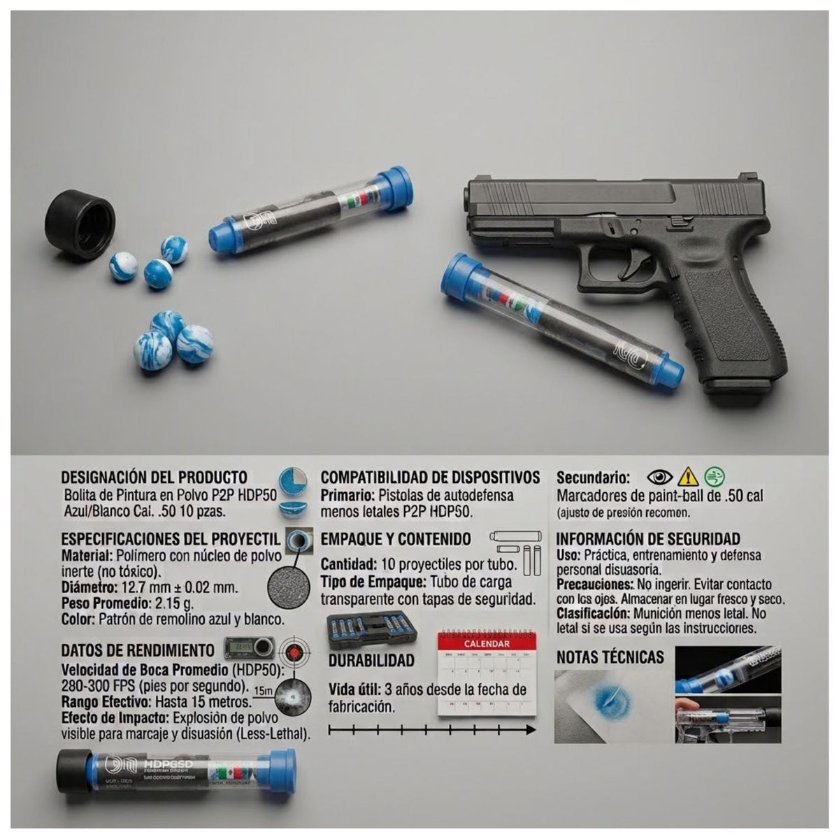 Proyectiles de polvo inerte calibre .50 azul y blanco para práctica, 10 piezas - foto 4