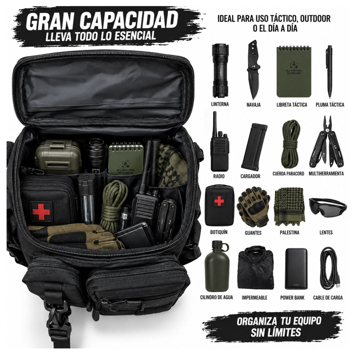 Bolsa táctica de hombro tipo bandolera con cinturón y muchos compartimentos - foto 5