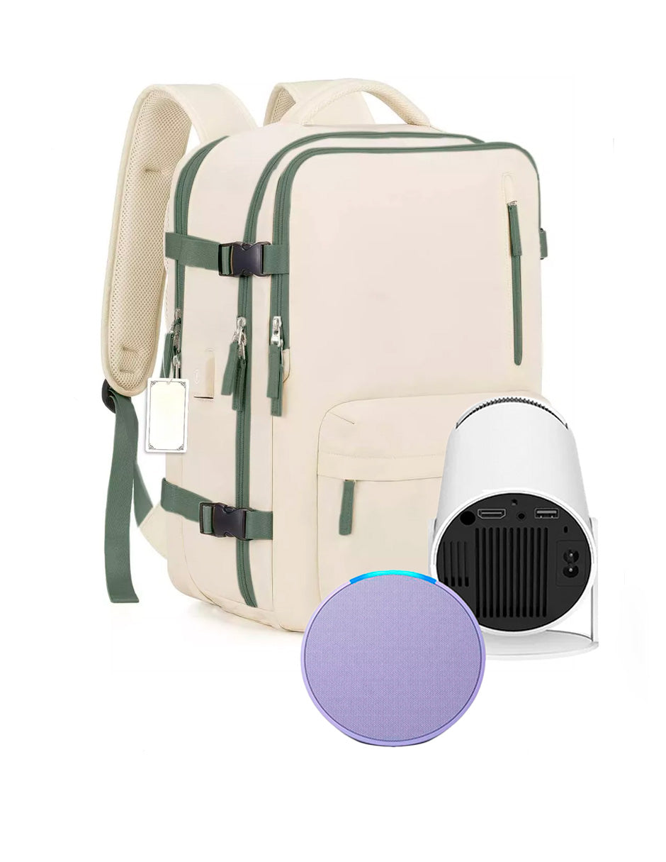 Combo Proyector Cañon Petukita Box Hd con Android/Wifi + Echo Pop Lila + Mochila de Viaje Beige