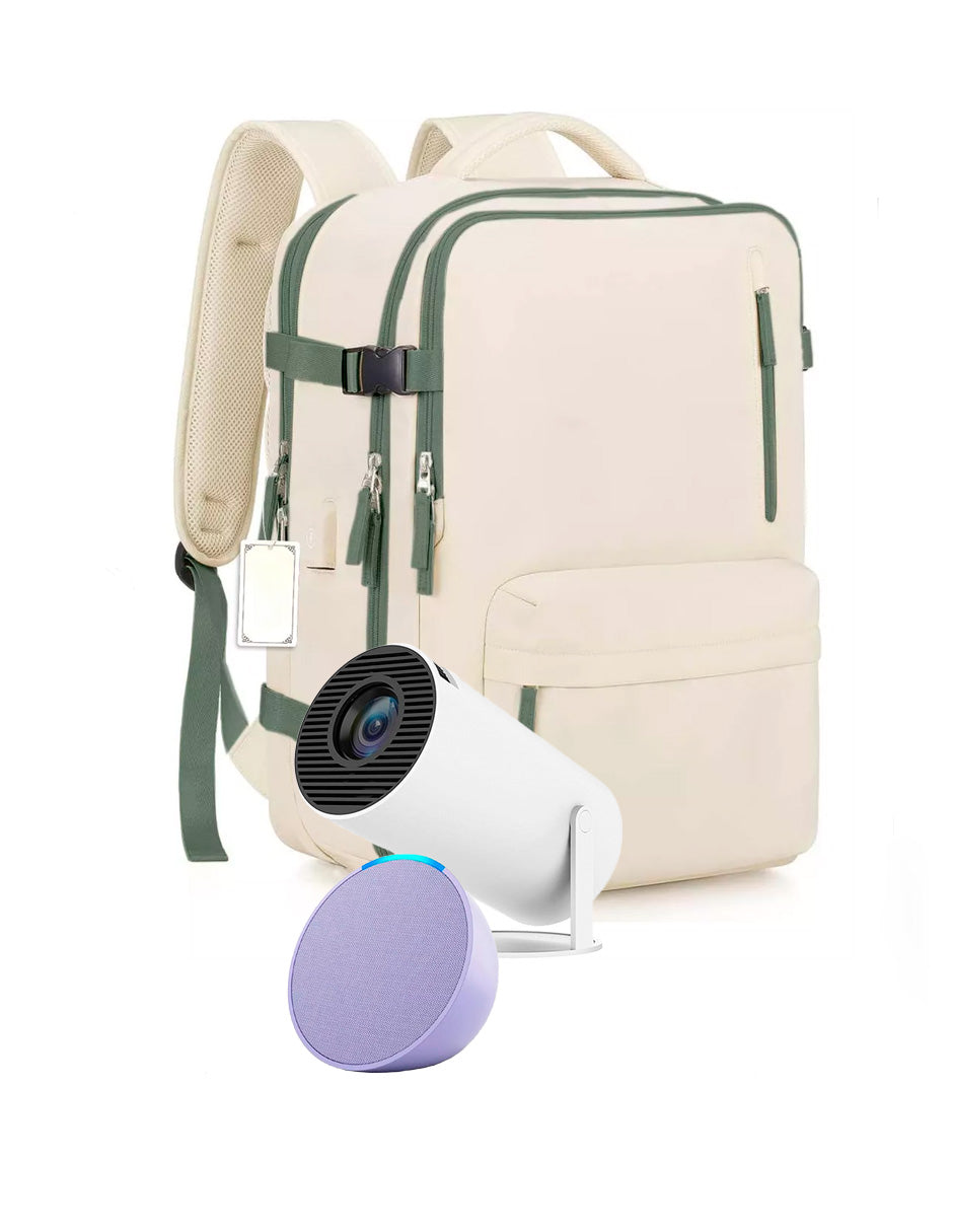 Combo Proyector Cañon Petukita Box Hd con Android/Wifi + Echo Pop Lila + Mochila de Viaje Beige