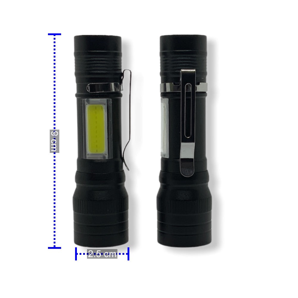 Mini linterna LED de 9 cm con zoom, luz lateral blanca y clip - foto 2
