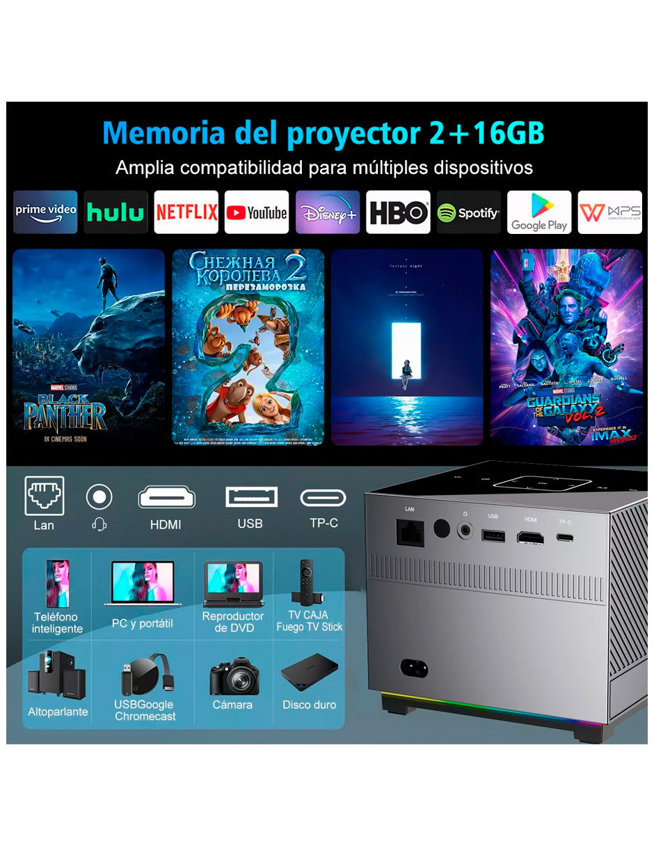 Proyector Square Petukita Box con Android Wifi Hd 1080p con Dolby