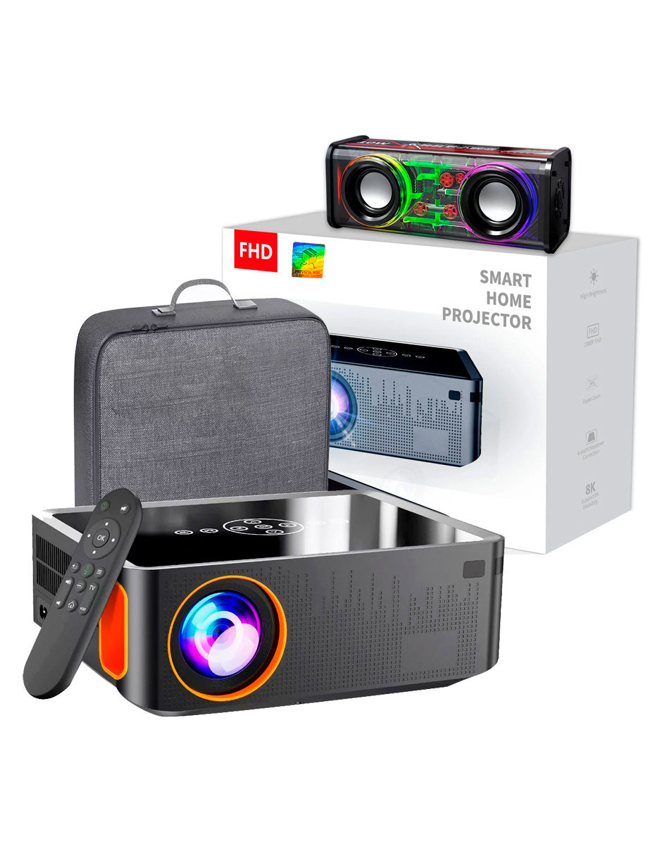 Proyector XNano Petukita Box con Android / Wifi / Full Hd 1080p Naranja + Bocina Portátil con bluetooth Luz Led