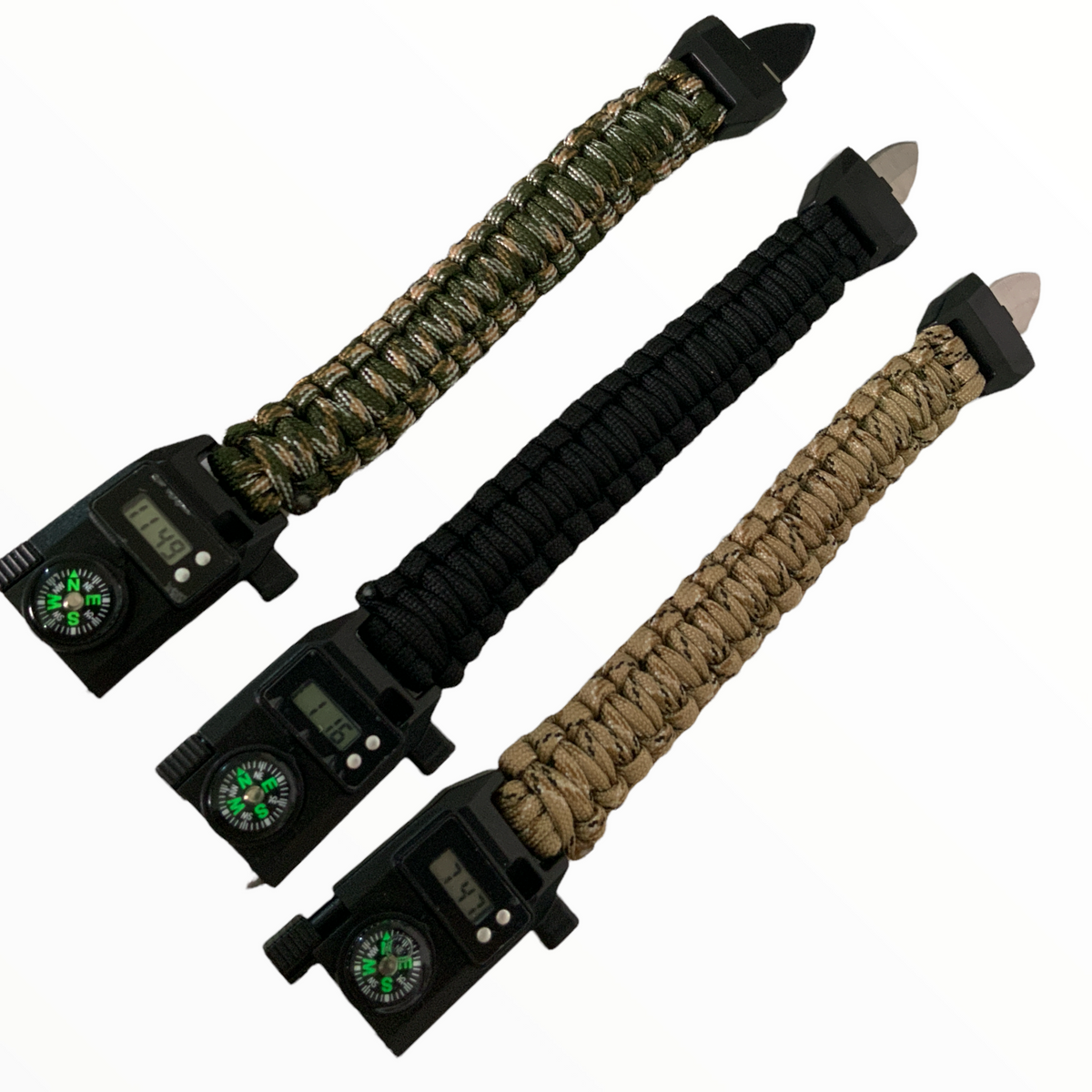 Pulsera de supervivencia paracord con navaja, reloj, pedernal y silbato 100-71