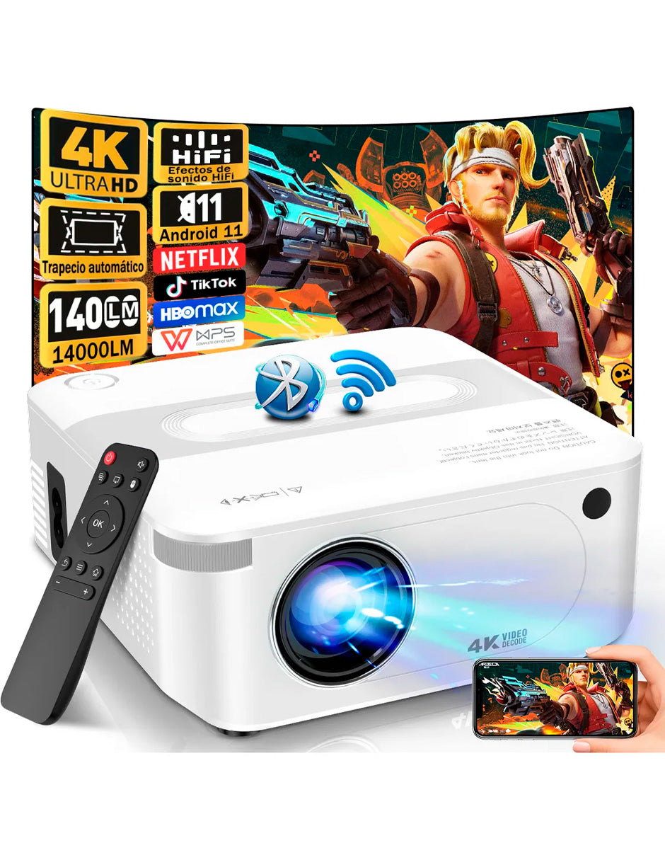Petukita Box Proyector X6 4K con Android con WiFi y Sonido HiFi blanco
