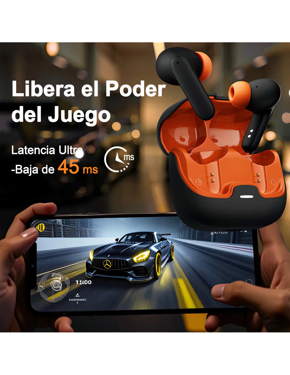 Audífonos Inalámbricos Petukita Box S36 Negro/Naranja | Hi-Fi | ENC | Hasta 100 Horas de Batería | Baja Latencia 45 ms | Bluetooth 5.x