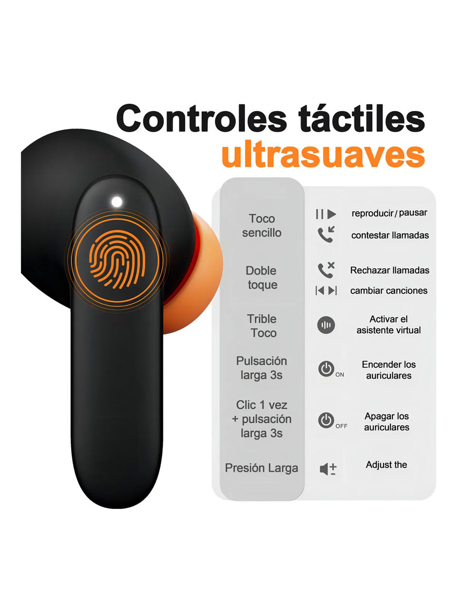 Audífonos Inalámbricos Petukita Box S36 Negro/Naranja | Hi-Fi | ENC | Hasta 100 Horas de Batería | Baja Latencia 45 ms | Bluetooth 5.x