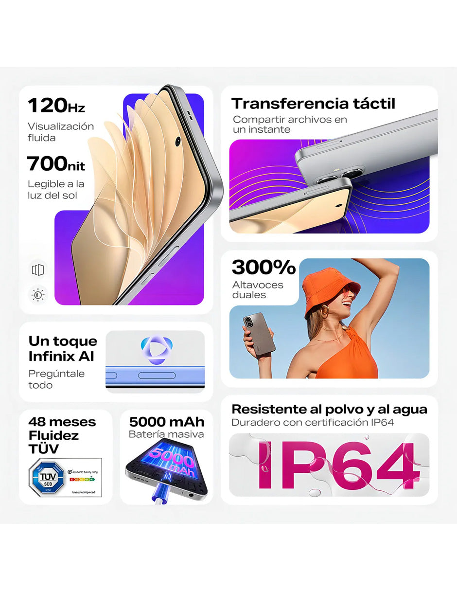 Smartphone Infinix Smart 10 128GB Negro | Pantalla 120Hz, 4GB RAM, Audio Estéreo e IP64