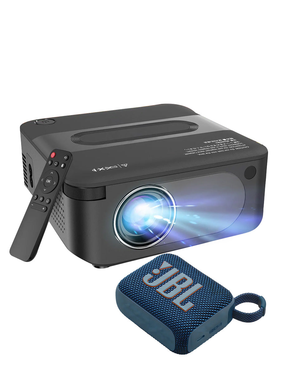 Combo Mini Proyector X6 Profesional LED + Bocina Bluetooth Go 4 Waterproof IP67 Azul | Cine en Casa Portátil, Gaming y Streaming