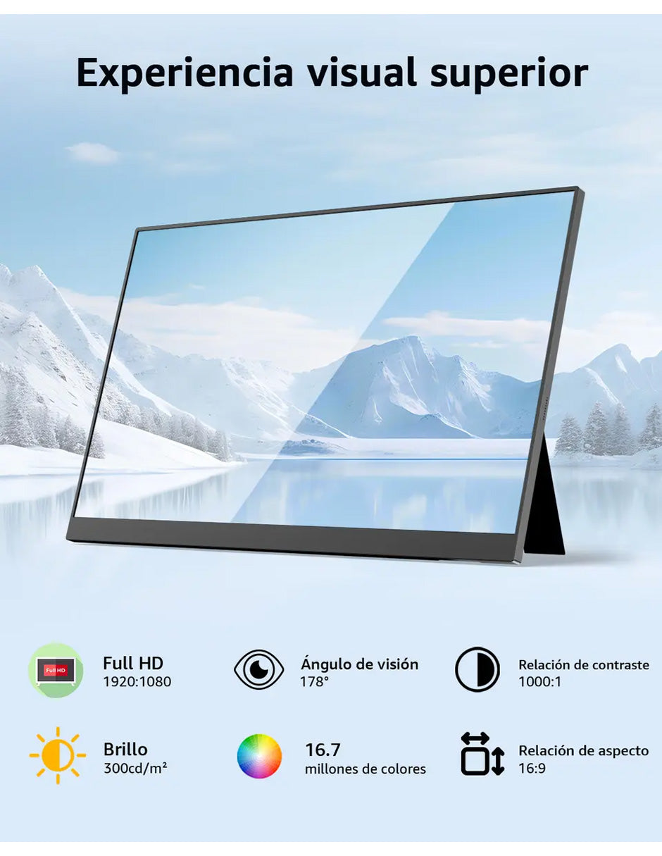 Monitor Portátil Gamer 15.6" Full HD IPS para Laptop, PC, Mac, Nintendo Switch, PS5, Xbox | HDR | USB-C | Mini HDMI | VESA
