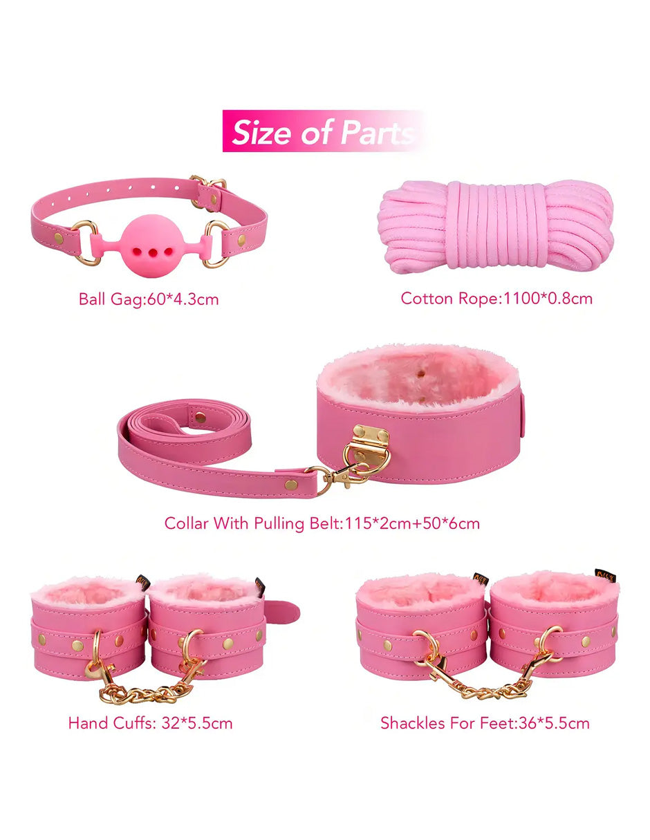 BDSM Kit Bondage de 10 Piezas en Cuero Sintético Rosa | Accesorios Ajustables para Parejas