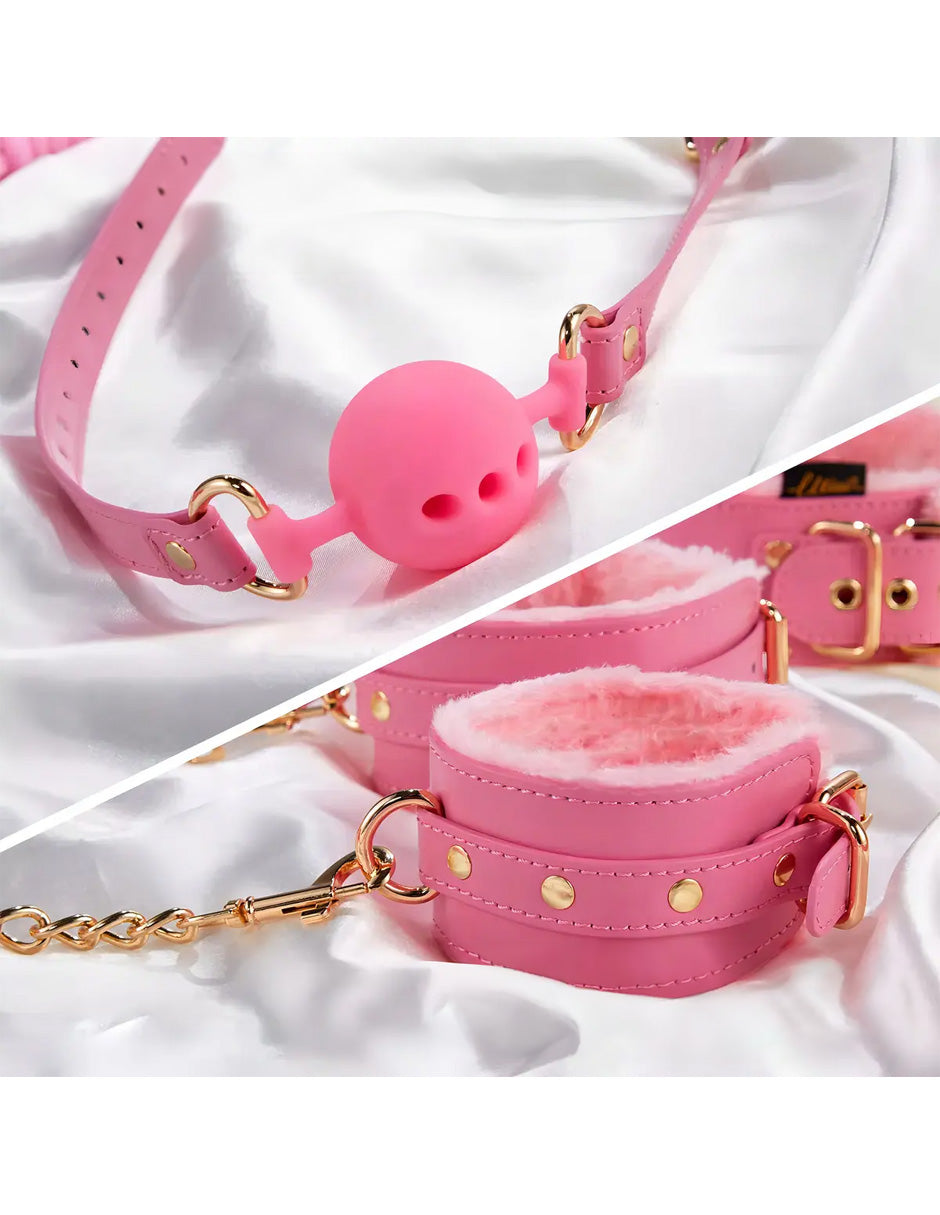 BDSM Kit Bondage de 10 Piezas en Cuero Sintético Rosa | Accesorios Ajustables para Parejas