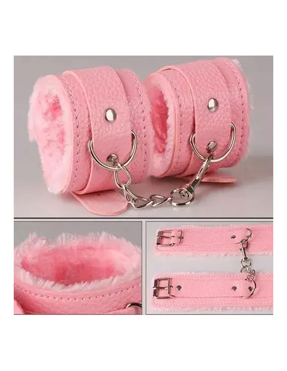 BDSM Kit Bondage de 10 Piezas en Cuero Sintético Rosa | Accesorios Ajustables para Parejas