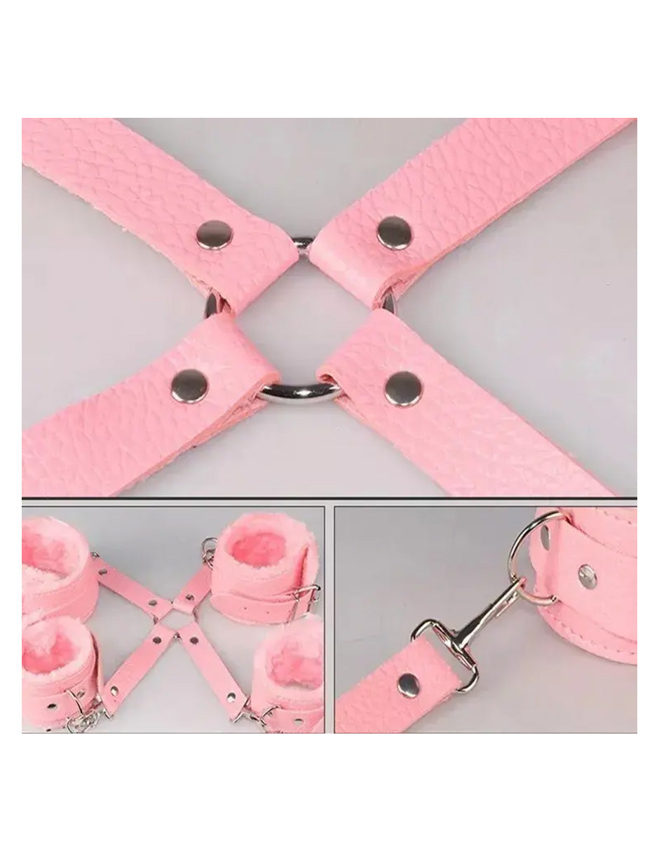 BDSM Kit Bondage de 10 Piezas en Cuero Sintético Rosa | Accesorios Ajustables para Parejas