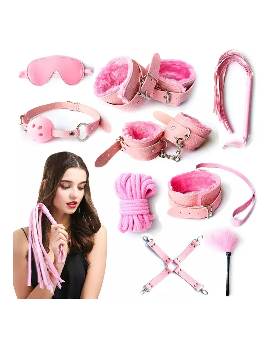BDSM Kit Bondage de 10 Piezas en Cuero Sintético Rosa | Accesorios Ajustables para Parejas