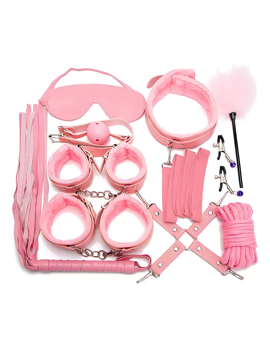 BDSM Kit Bondage de 10 Piezas en Cuero Sintético Rosa | Accesorios Ajustables para Parejas