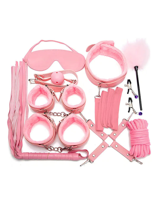BDSM Kit Bondage de 10 Piezas en Cuero Sintético Rosa | Accesorios Ajustables para Parejas