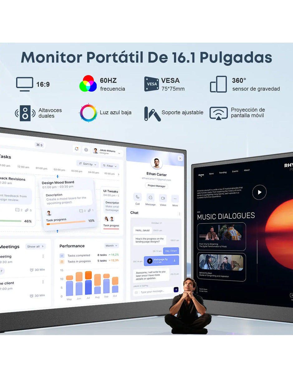 Monitor Portátil 16.1" Full HD IPS Inalámbrico USB-C y Mini HDMI | Segunda Pantalla para Laptop, PC, Mac, Consolas y Celular
