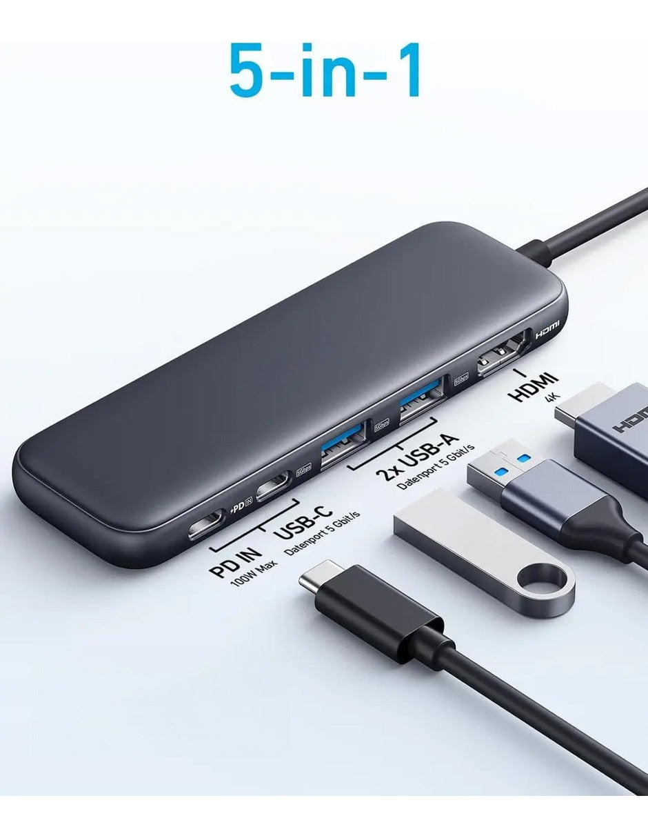 Hub USB-C 5 en 1 con HDMI 4K, USB-A, USB-C y SD/TF