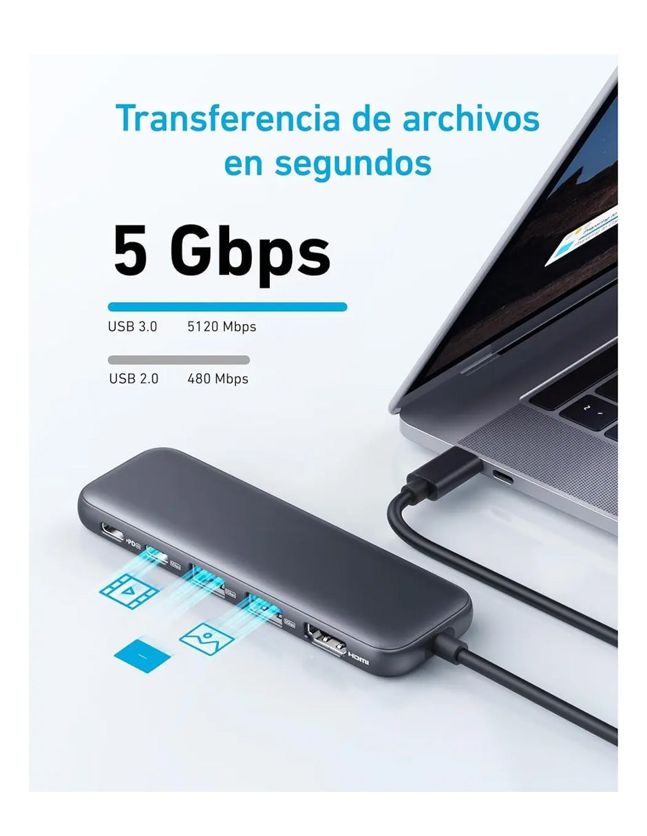 Hub USB-C 5 en 1 con HDMI 4K, USB-A, USB-C y SD/TF