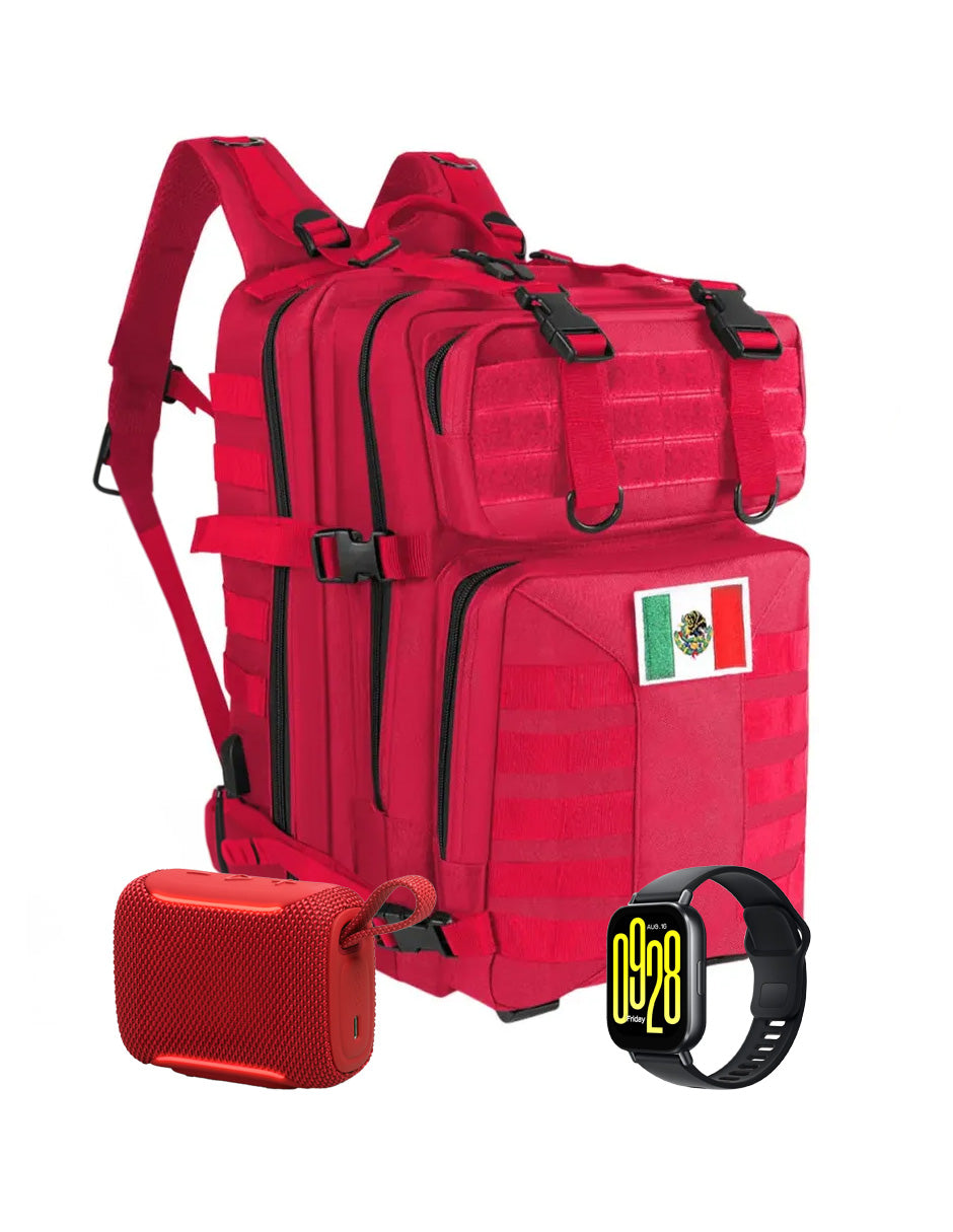 Combo Active 5 Mochila Táctica + Bocina + Reloj Inteligente Deportivo Rojo