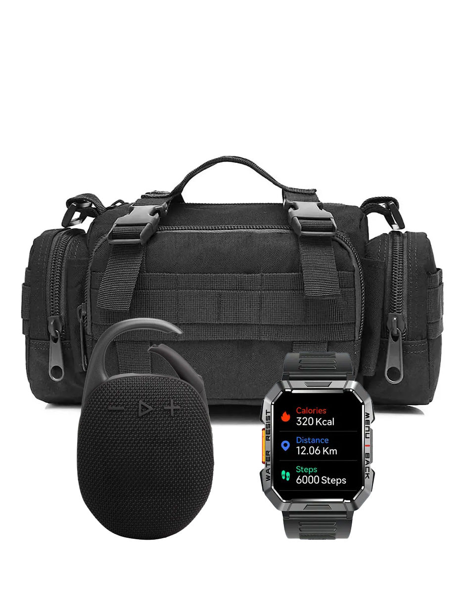 Combo Smartwatch Militar + Bocina Portátil + Cangurera Táctica | Tecnología y Aventura